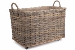 Red Hamper Rattan Large Wheeled Rattan Hessian Lined Log Basket in Grey