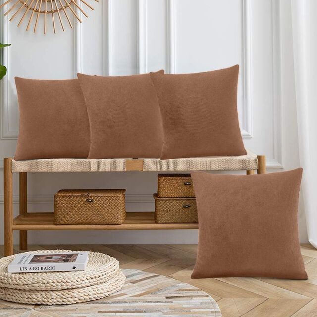 Luxury Living Set of 4 Velvet Chenille Cushions 45cm x 45cm with Removable Covers & Plush Pads - Soft, Stylish Home Décor in Tan - Size: 45 cm x 45 cm - image 1