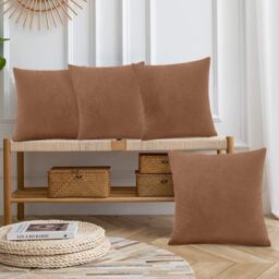 Luxury Living Set of 4 Velvet Chenille Cushions 45cm x 45cm with Removable Covers & Plush Pads - Soft, Stylish Home Décor in Tan - Size: 45 cm x 45 cm