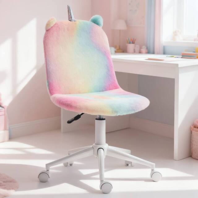 ERGOVEXA Fluffy Unicorn Office Chair with Mid-Back & Swivel Wheel, Rainbow in Pink - image 1