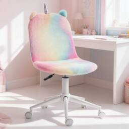 ERGOVEXA Fluffy Unicorn Office Chair with Mid-Back & Swivel Wheel, Rainbow in Pink
