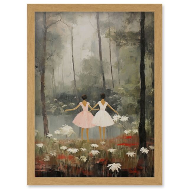 Artery8 Wall Art Print Forest Ballet Oil Painting Kids Bedroom Ballerinas Gracefully Dancing by a Lake Artwork Framed A4 in Light Oak - image 1