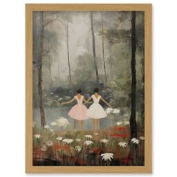 Artery8 Wall Art Print Forest Ballet Oil Painting Kids Bedroom Ballerinas Gracefully Dancing by a Lake Artwork Framed A4 in Light Oak - thumbnail 1