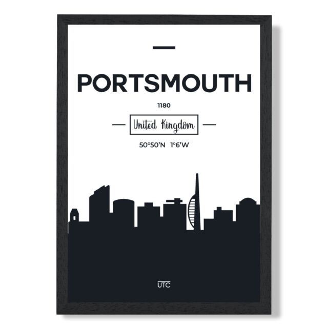 ARTZE Portsmouth Black & White City Skyline Framed Print SIZE: A2 with Black Frame - Size: A4 - image 1