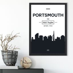 ARTZE Portsmouth Black & White City Skyline Framed Print SIZE: A2 with Black Frame - Size: A4 - thumbnail 2