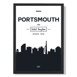 ARTZE Portsmouth Black & White City Skyline Framed Print SIZE: A2 with Black Frame - Size: A4 - thumbnail 1