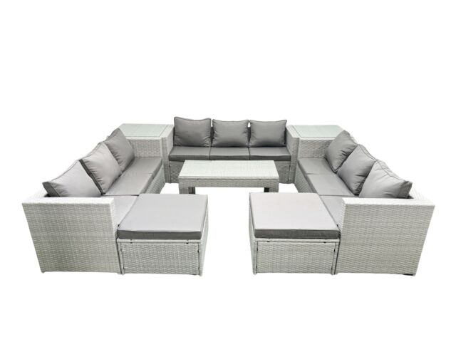 Fimous Rattan Garden Outdoor Furniture Set 11 Seater Garden Sofa Oblong Coffee Table Set with 2 Big Footstools 2 Side Tables Light Grey Mixed - image 1