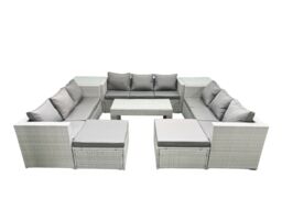 Fimous Rattan Garden Outdoor Furniture Set 11 Seater Garden Sofa Oblong Coffee Table Set with 2 Big Footstools 2 Side Tables Light Grey Mixed - thumbnail 1