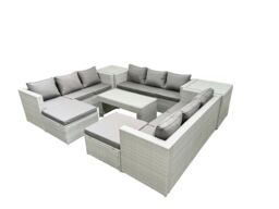 Fimous Rattan Garden Outdoor Furniture Set 11 Seater Garden Sofa Oblong Coffee Table Set with 2 Big Footstools 2 Side Tables Light Grey Mixed - thumbnail 2