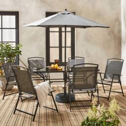 sweeek 6-seater Metal Dining Set With Foldable Chairs & Parasol in Grey - thumbnail 1
