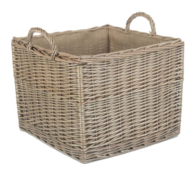 Red Hamper Wicker Antique Wash Square Hessian Lined Log Basket in Grey - image 1