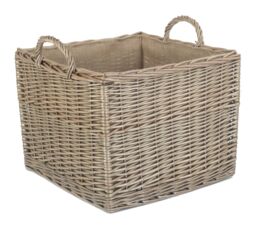 Red Hamper Wicker Antique Wash Square Hessian Lined Log Basket in Grey