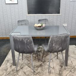 KOSY KOALA Dining Table & 4 Chairs Grey Glass 4 Velvet Chairs Dining Room Furniture in Brown - thumbnail 1
