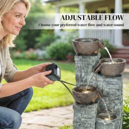 OUTSUNNY 4-Tier Outdoor Fountain with LED Lights, Grey & Rustic Brown - thumbnail 5