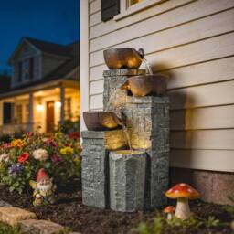 OUTSUNNY 4-Tier Outdoor Fountain with LED Lights, Grey & Rustic Brown - thumbnail 1