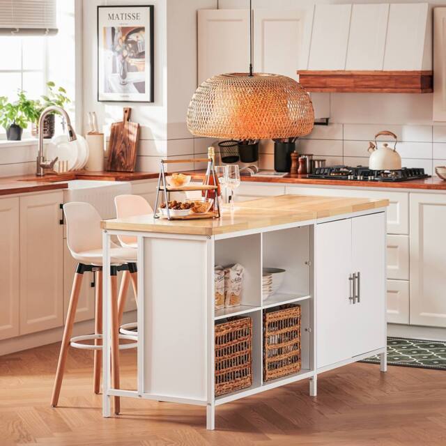 SoBuy Mobile Kitchen Island - Natural Wood Top Farmhouse in White - image 1