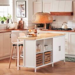 SoBuy Mobile Kitchen Island - Natural Wood Top Farmhouse in White - thumbnail 1