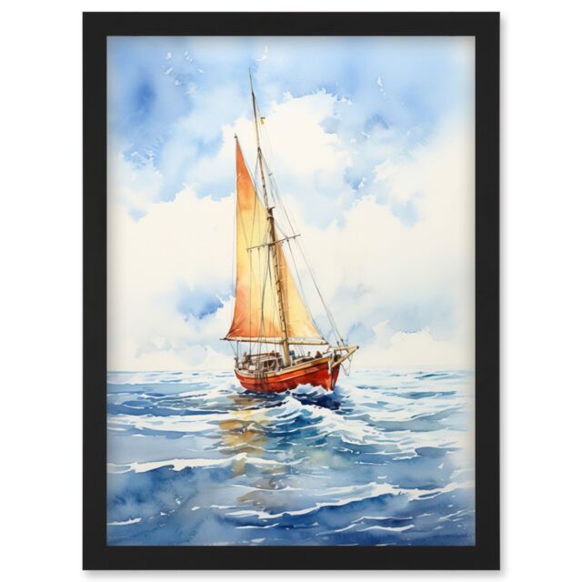 Artery8 Wall Art Print Orange Sailing Boat Watercolour Painting Bathroom Artwork Sail at Sea Seascape Artwork Framed A4 in Black - image 1