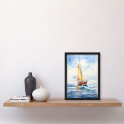 Artery8 Wall Art Print Orange Sailing Boat Watercolour Painting Bathroom Artwork Sail at Sea Seascape Artwork Framed A4 in Black - thumbnail 2