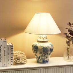 Wyld and Coco Blue and White Porcelain Floral Table Lamp with Linen Shade