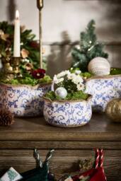 Dibor Set of 3 Vintage Solene Blue Botanical Pot Flower Planters in Cream - Size: Large