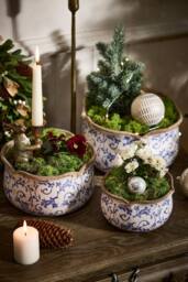Dibor Set of 3 Vintage Solene Blue Botanical Pot Flower Planters in Cream - Size: Large - thumbnail 2