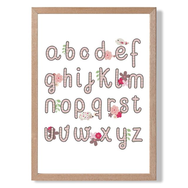 ARTZE Cute Alphabet with Pink Flowers Framed Print SIZE: A2 with Oak Frame - Size: A3 - image 1