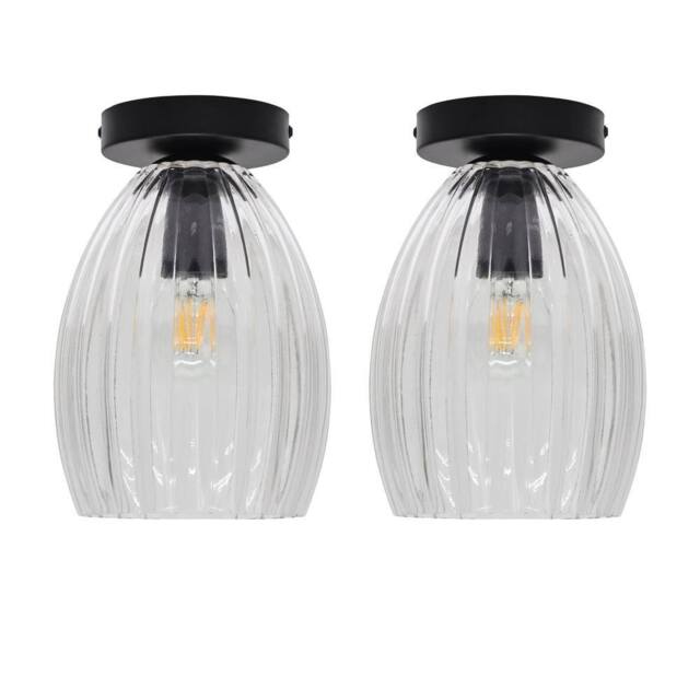 First Choice Lighting Set of 2 Birch - Clear Fluted Glass Black Ceiling Light Fittings - image 1