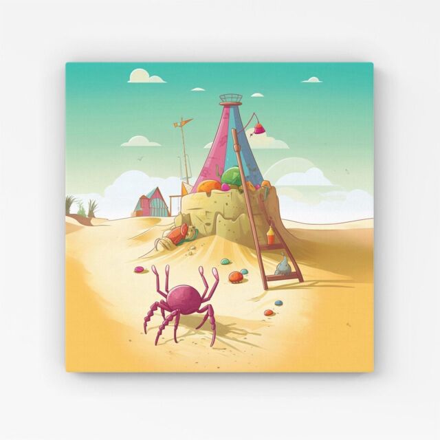 Warren Reed - Designer Crab On A Beach Holiday Canvas in Yellow - Size: w10 inch x h10 inch - image 1
