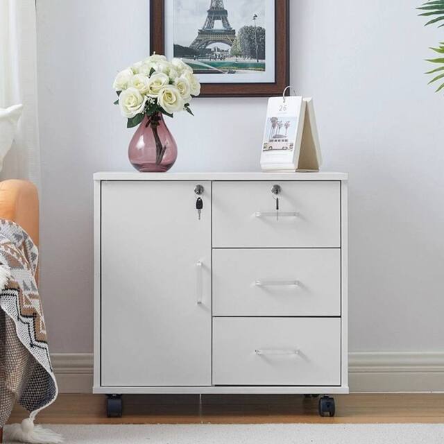 FORGEVIO Office Filing Cabinet Printer Stand File Storage Drawers Wheels in White - image 1