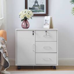 FORGEVIO Office Filing Cabinet Printer Stand File Storage Drawers Wheels in White