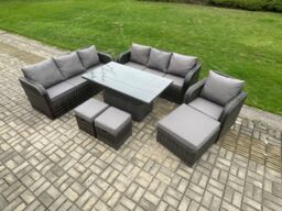 Fimous Outdoor Rattan Garden Furniture Sets Height Adjustable Rising lifting Dining Table Sofa Set with Reclining Chair Dark Grey Mixed - thumbnail 1
