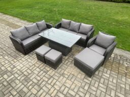 Fimous Outdoor Rattan Garden Furniture Sets Height Adjustable Rising lifting Dining Table Sofa Set with Reclining Chair Dark Grey Mixed - thumbnail 2