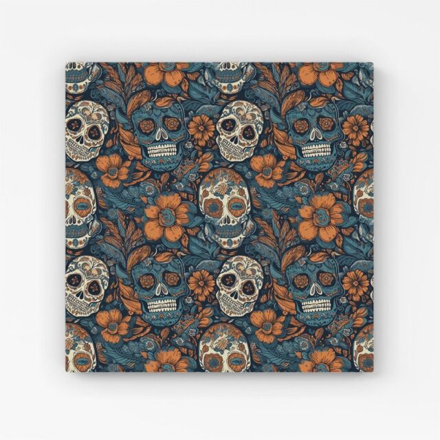 Warren Reed - Designer Dia De Los Muertos Skulls Pattern Canvas in Blue - Size: w40 inch x h40 inch - image 1