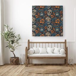 Warren Reed - Designer Dia De Los Muertos Skulls Pattern Canvas in Blue - Size: w40 inch x h40 inch - thumbnail 3