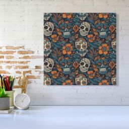 Warren Reed - Designer Dia De Los Muertos Skulls Pattern Canvas in Blue - Size: w40 inch x h40 inch - thumbnail 2