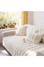 Living and Home Sleek Textured Plush Sofa Cover in Cream - Size: 70 cm x 70 cm - thumbnail 3