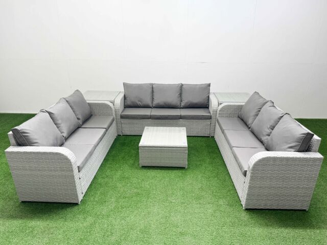 Fimous PE Rattan Lounge Sofa Set 9 Seater Outdoor Garden Furniture Set with Square Coffee Table 3 Seater Sofa 2 Side Table Light Grey - image 1