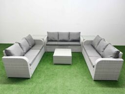 Fimous PE Rattan Lounge Sofa Set 9 Seater Outdoor Garden Furniture Set with Square Coffee Table 3 Seater Sofa 2 Side Table Light Grey - thumbnail 2