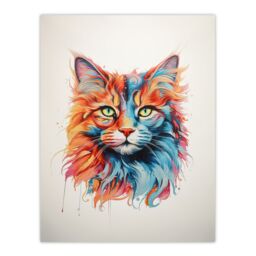 "Artery8 Wall Art Print Maine Coon Cat Lover Gift Pet Portrait Orange Blue Pink Artwork Painting Poster - Size: W18"" x H24""" - thumbnail 1
