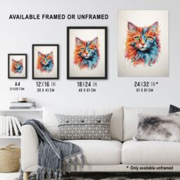 "Artery8 Wall Art Print Maine Coon Cat Lover Gift Pet Portrait Orange Blue Pink Artwork Painting Poster - Size: W18"" x H24""" - thumbnail 3