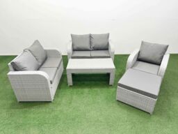 Fimous High Back Poly Rattan Garden Furniture Set with Reclining Chair Loveseat Sofa Oblong Coffee Table Indoor Outdoor Patio Set Big Stool Light Grey - thumbnail 2