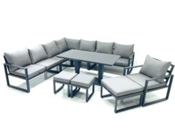 Fimous 11 Seater Outdoor Aluminum Garden Furniture Set Corner Sofa Chair 3 Footstools Adjustable Rising Lifting Dining Table Sets Dark Grey - thumbnail 2