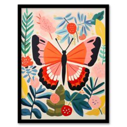 Wee Blue Coo Wall Art Print Butterfly Henri Matisse Style Bright Painting Leaves Fronds & Floral Blooms Spring Art Framed in Pink - Size: A4 - thumbnail 1