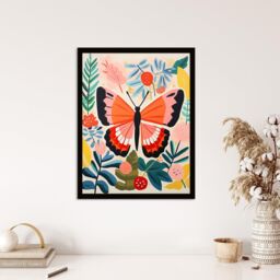 Wee Blue Coo Wall Art Print Butterfly Henri Matisse Style Bright Painting Leaves Fronds & Floral Blooms Spring Art Framed in Pink - Size: A4 - thumbnail 4