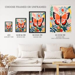 Wee Blue Coo Wall Art Print Butterfly Henri Matisse Style Bright Painting Leaves Fronds & Floral Blooms Spring Art Framed in Pink - Size: A4 - thumbnail 3