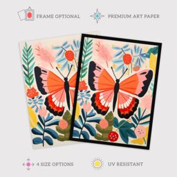Wee Blue Coo Wall Art Print Butterfly Henri Matisse Style Bright Painting Leaves Fronds & Floral Blooms Spring Art Framed in Pink - Size: A4 - thumbnail 2