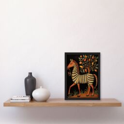 Artery8 Wall Art Print Whimsical Zebra Posing by Fruit Tree Orange Grey Green Medieval Bestiary Style Surreal Oil Painting Artwork Framed - Size: A4 - thumbnail 4