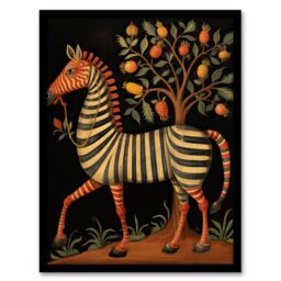 Artery8 Wall Art Print Whimsical Zebra Posing by Fruit Tree Orange Grey Green Medieval Bestiary Style Surreal Oil Painting Artwork Framed - Size: A4 - thumbnail 1