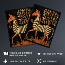 Artery8 Wall Art Print Whimsical Zebra Posing by Fruit Tree Orange Grey Green Medieval Bestiary Style Surreal Oil Painting Artwork Framed - Size: A4 - thumbnail 2